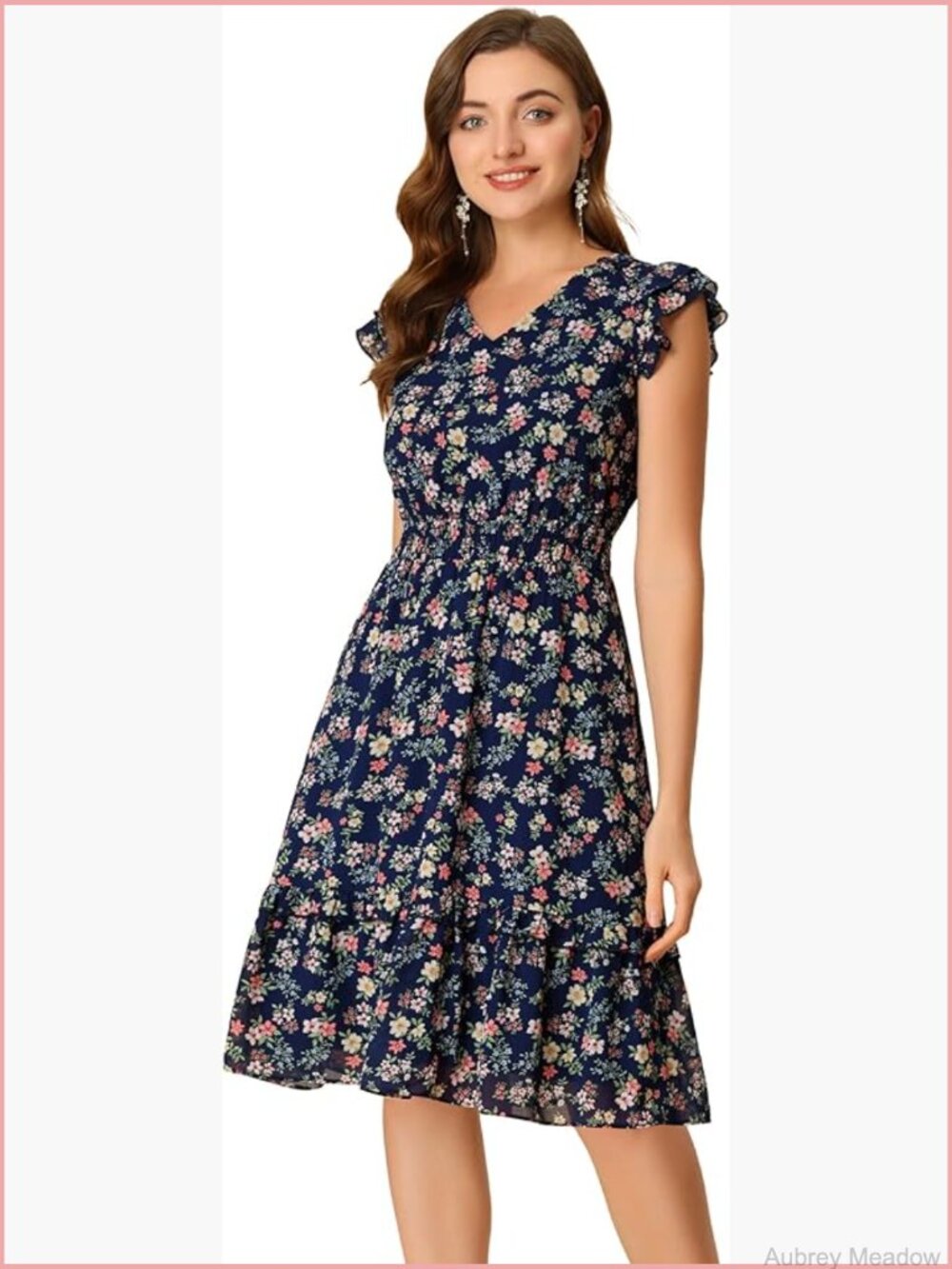 Floral V-Neck Flutter Sleeve Smocked Waist Knee Length Dress